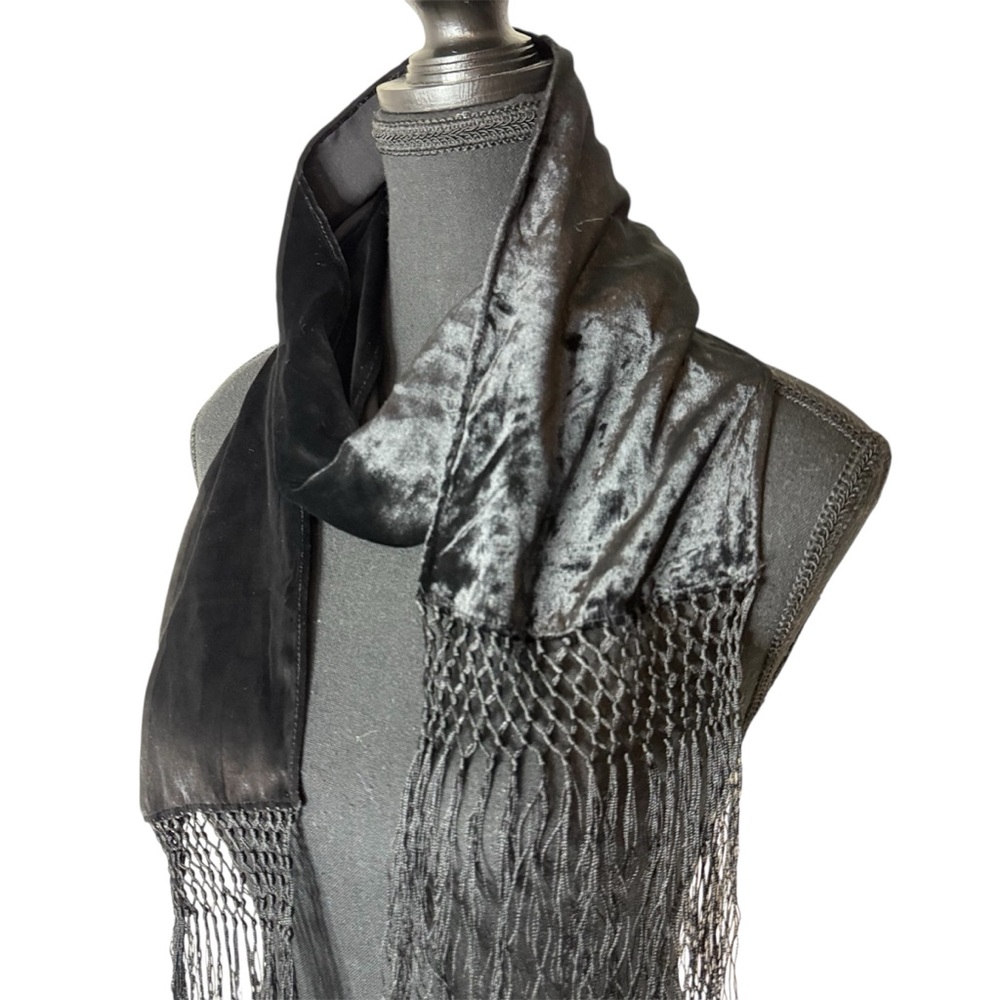 Crushed Velvet Scarf Black Braided Twisted Fringe Velour